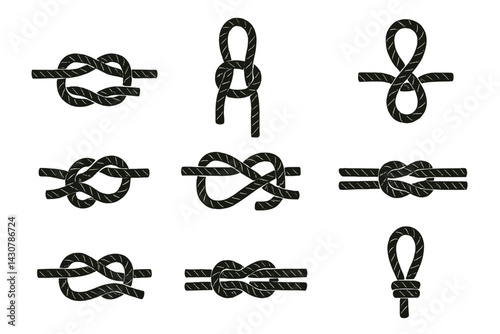 Common knot types: square, bowline, clove hitch, figure-eight, sheet bend, reef, fisherman's, overhand