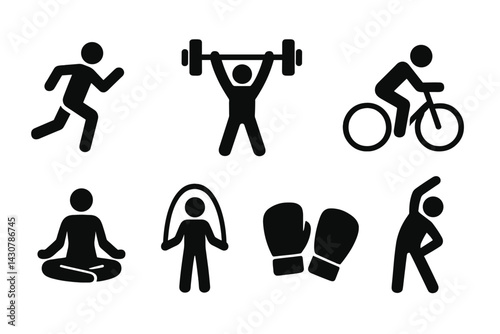 Exercise activities: running, weightlifting, cycling, swimming, yoga, jump rope, boxing, stretching