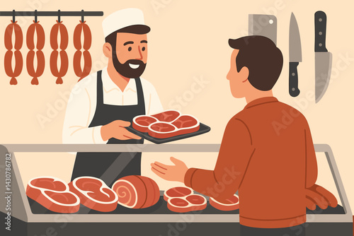 Butcher assisting a customer at a meat counter displaying products in a traditional shop