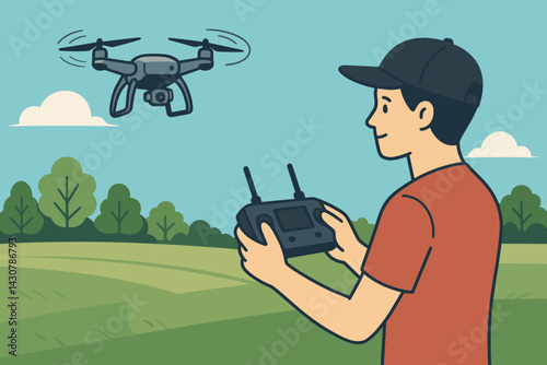Person operating a flying drone using a remote control in an open outdoor field setting