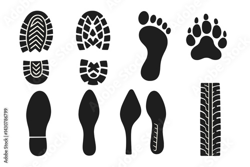 Footwear and tire tracks: sneaker print, boot tread, formal sole, heel print, footprint, paw print, bike track, car track