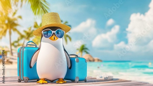 Cute penguin wearing straw hat and sunglasses standing with suitcase on a dock. Funny animal ready for summer holiday vacation. Adorable character ready for trip near ocean.