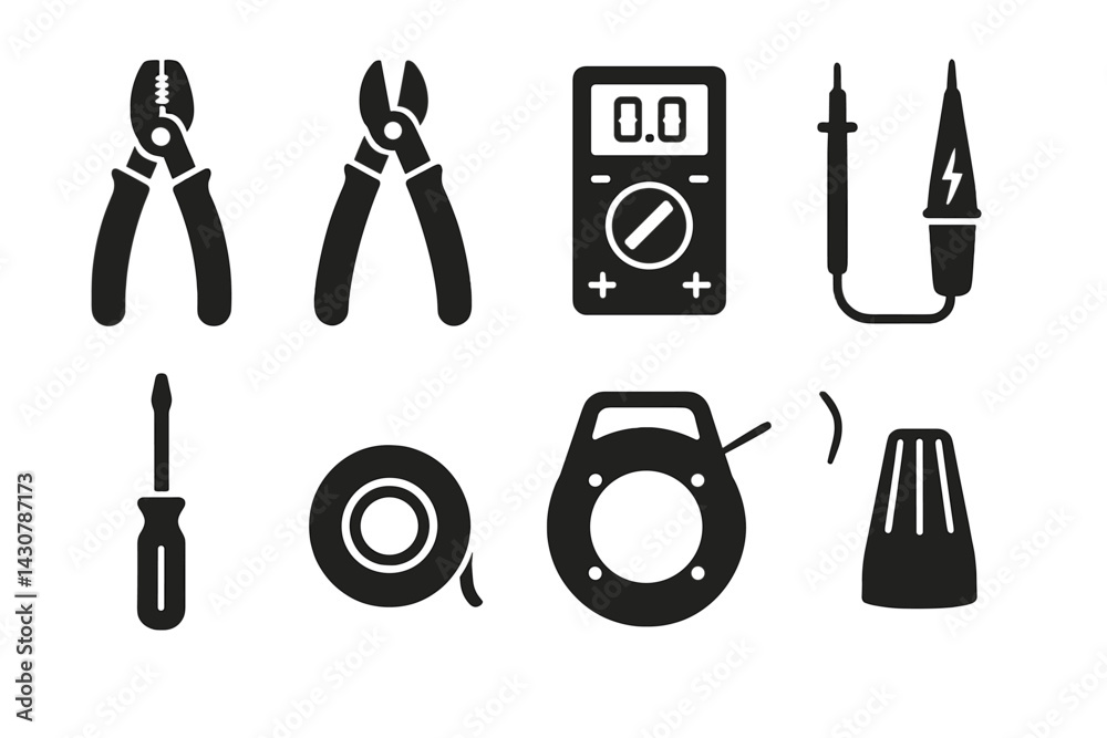 Electrician's tools: wire strippers, cutters, multimeter, voltage tester, insulated screwdriver, tape, fish tape, wire nut