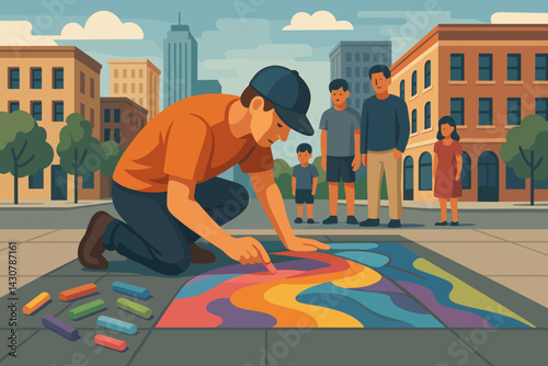 Artist drawing with colorful chalk on pavement as people watch in a city square setting