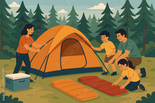 Family pitching a tent together at a forest campsite surrounded by pine trees and camping gear