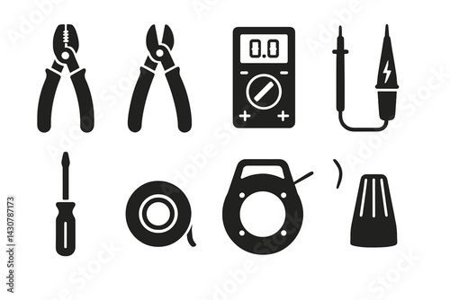 Electrician's tools: wire strippers, cutters, multimeter, voltage tester, insulated screwdriver, tape, fish tape, wire nut