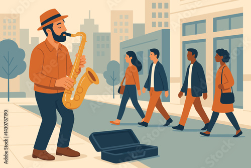 Saxophone player performing music on a city street for passersby with an open case for money