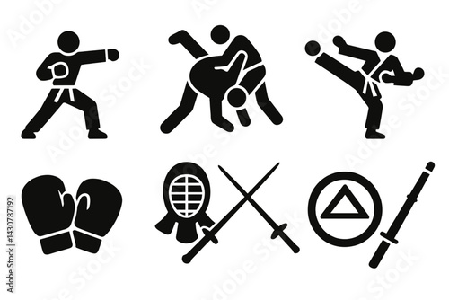 Martial arts styles: karate punch, judo throw, taekwondo kick, kung fu stance, boxing gloves, fencing, aikido symbol, kendo shinai