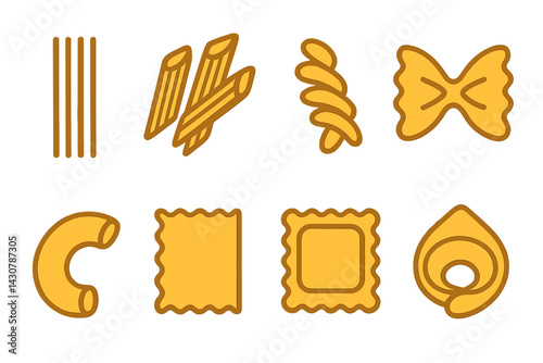 Various pasta forms: spaghetti, penne, fusilli, farfalle, macaroni, lasagna, ravioli, tortellini