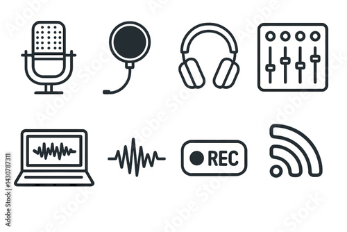 Podcasting gear and symbols: microphone, pop filter, headphones, mixer, laptop editor, sound wave, REC button, feed icon