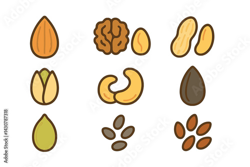Assortment of edible nuts and seeds: almond, walnut, peanut, pistachio, cashew, sunflower, pumpkin, chia, flax