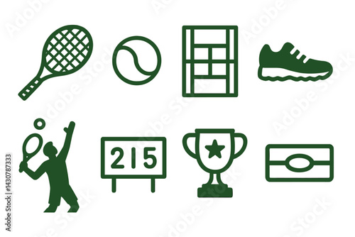 Tennis gear and related items: racket, ball, court, shoes, serving player, scoreboard, trophy, sweatband