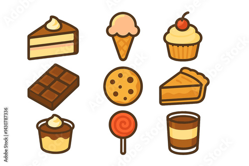Assortment of sweet treats: cake slice, ice cream, cupcake, chocolate, cookie, pie, pudding, lollipop, tiramisu