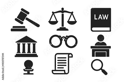 Legal and justice symbols: gavel, scales, law book, courthouse, handcuffs, witness stand, document, magnifier