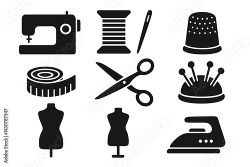 Sewing and dressmaking tools: machine, thread, needle, thimble, tape measure, scissors, pincushion, mannequin, iron