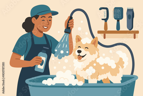 Pet groomer bathing a dog in a tub within a grooming salon setting with tools