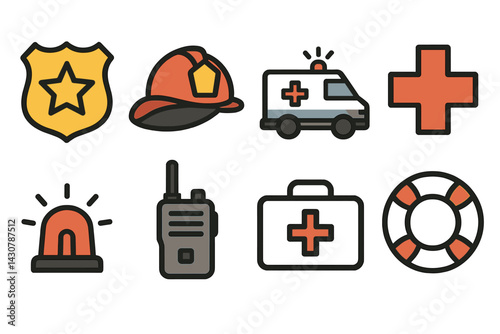 Emergency service symbols: police badge, firefighter helmet, ambulance, hospital cross, siren, radio, first aid, life preserver