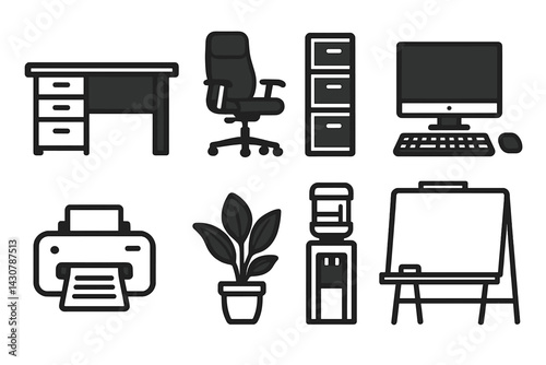 Office workspace items: desk, chair, cabinet, computer, printer, plant, water cooler, whiteboard