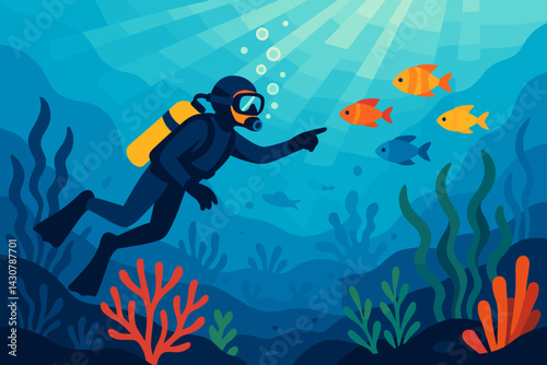 Scuba diver observing fish near a vibrant coral reef underwater with seaweed and sunlight