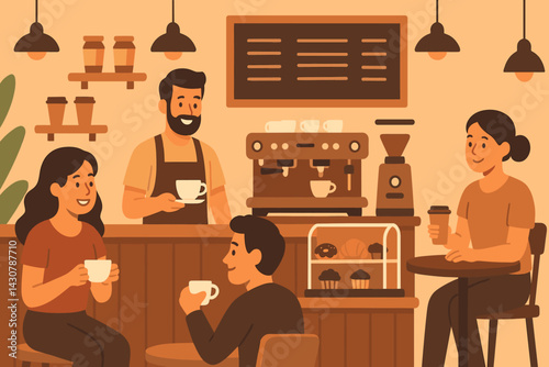 Coffee shop scene with barista, coffee machine, pastries, and customers