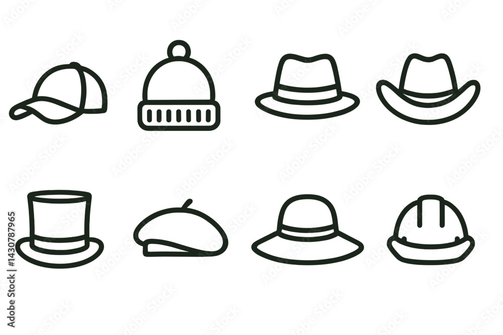 A range of hats includes the baseball cap, beanie, fedora, cowboy hat, top hat, beret, sun hat, and hard hat A range of hats includes the baseball cap, beanie, fedora, cowboy hat, top hat, beret, sun hat, and hard hat