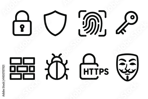 Cybersecurity is often represented by symbols such as a padlock, shield, fingerprint, key, firewall, antivirus bug, HTTPS lock, and anonymous mask