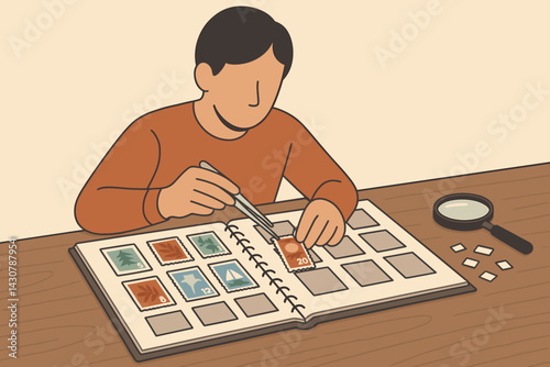 A stamp collector is organizing postage stamps in a book using a pair of tweezers and a magnifying glass that are laid out on a desk
