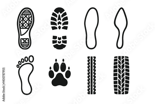 Tracks from footwear and tires include sneaker prints, boot treads, formal soles, heel prints, footprints, paw prints, bike tracks, and car tracks