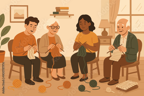 Individuals taking part in a communal knitting session, gathered with yarn and knitting needles