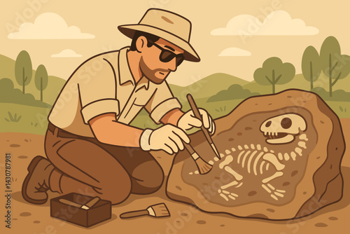 A paleontologist carefully uncovers a fossil from rock using delicate brushes and specialized equipment in an outdoor setting