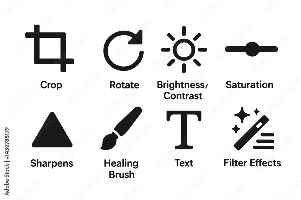 The photo editor features several tools, including cropping, rotation, adjusting brightness and contrast, saturation, sharpening, healing, adding text, and applying filters