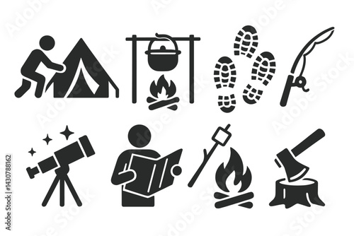 Camping activities include setting up a tent, cooking over a campfire, going for a hike, catching fish, gazing at the stars, reading maps, toasting marshmallows, and chopping firewood