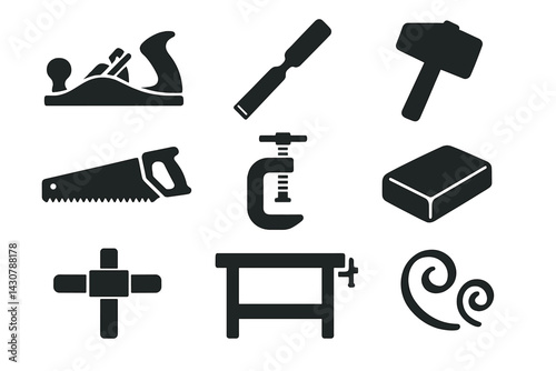 The hand tools used in woodworking include a plane, chisel, mallet, saw, clamp, sandpaper, marking gauge, workbench, and shavings
