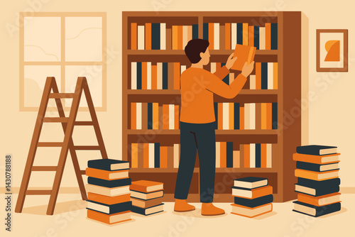 A person is organizing books on a high bookshelf in a room filled with numerous books and a ladder