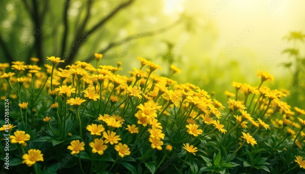 Obraz premium Vibrant Yellow Flowers in Misty Garden