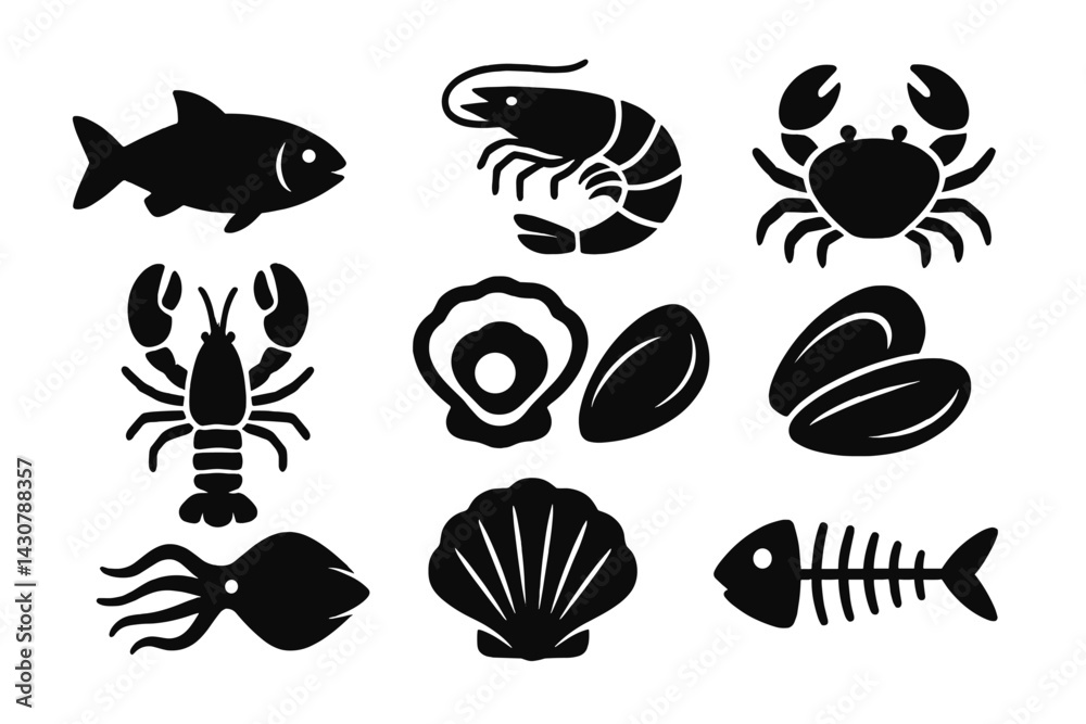 Obraz premium Types of seafood include fish, shrimp, crab, lobster, oyster, mussel, squid, scallop, and fish bones
