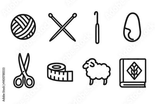 Supplies for knitting and crochet include yarn, needles, a hook, marker, scissors, tape measure, sheep, scarf, and a pattern book