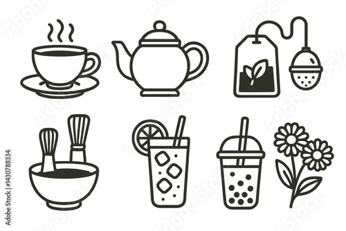 Items related to tea include teacups, teapots, tea bags, infusers, matcha tools, iced tea, bubble tea, and herbal tea