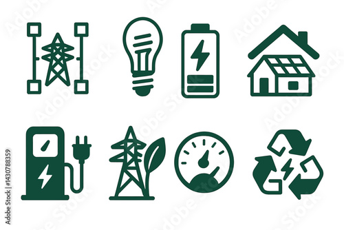 Icons for green energy usage include smart grid, LED bulb, battery, rooftop solar, EV station, green power lines, energy meter, and energy recycling