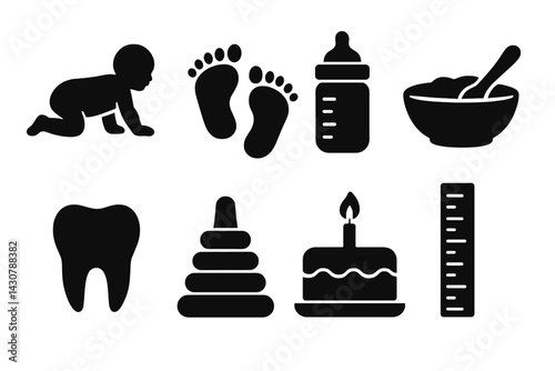 Baby development stages include crawling, first steps, weaning, solid food, first tooth, stacking toy, first birthday, and height chart