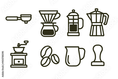 The necessary equipment for making coffee includes a portafilter, pour-over, French press, moka pot, grinder, beans, frothing pitcher, and tamper
