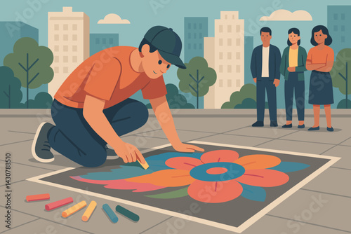 An artist is drawing with colorful chalk on the pavement of a city square while being watched by pedestrians