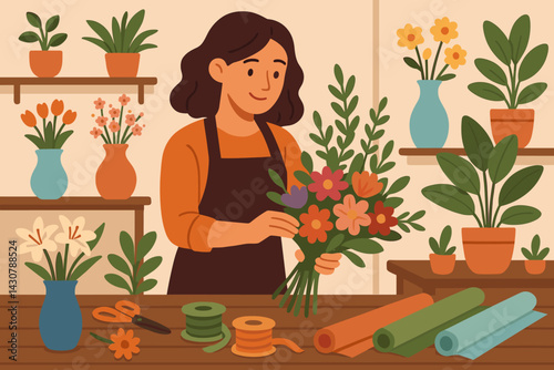 A florist is designing a floral arrangement within a store that is stocked with plants, vases, and various supplies