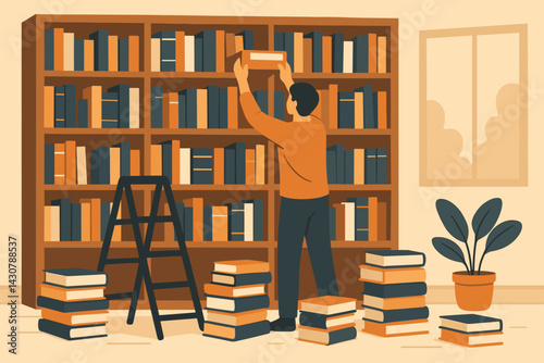 Someone is arranging books on a tall bookcase in a space that contains many books and a ladder