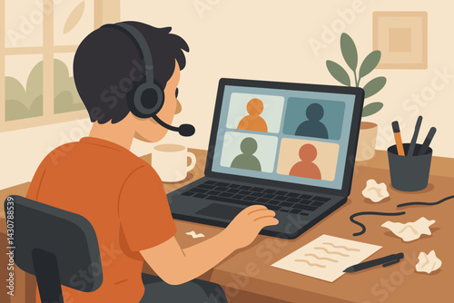 An individual participates in a video conference on their laptop while wearing a headset at a disorganized home workspace