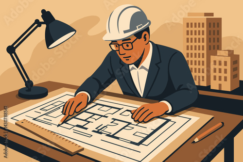 In an office filled with models and tools, an architect examines blueprints on a drafting table
