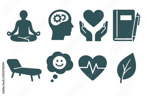 Mental wellness is represented by symbols such as meditation, brain, support, journal, therapy, positive thought, heart health, and leaf