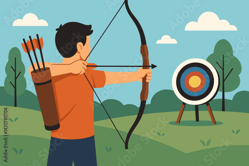 An archer is shown aiming a bow and arrow at a target outdoors with trees visible in the background