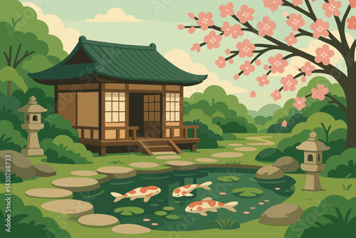 Scene of a Japanese tea garden featuring a teahouse, a pond with koi, lanterns, and blooming cherry blossoms