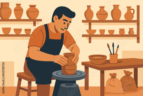 A potter is working with clay on a wheel in a workshop surrounded by pottery tools and finished items
